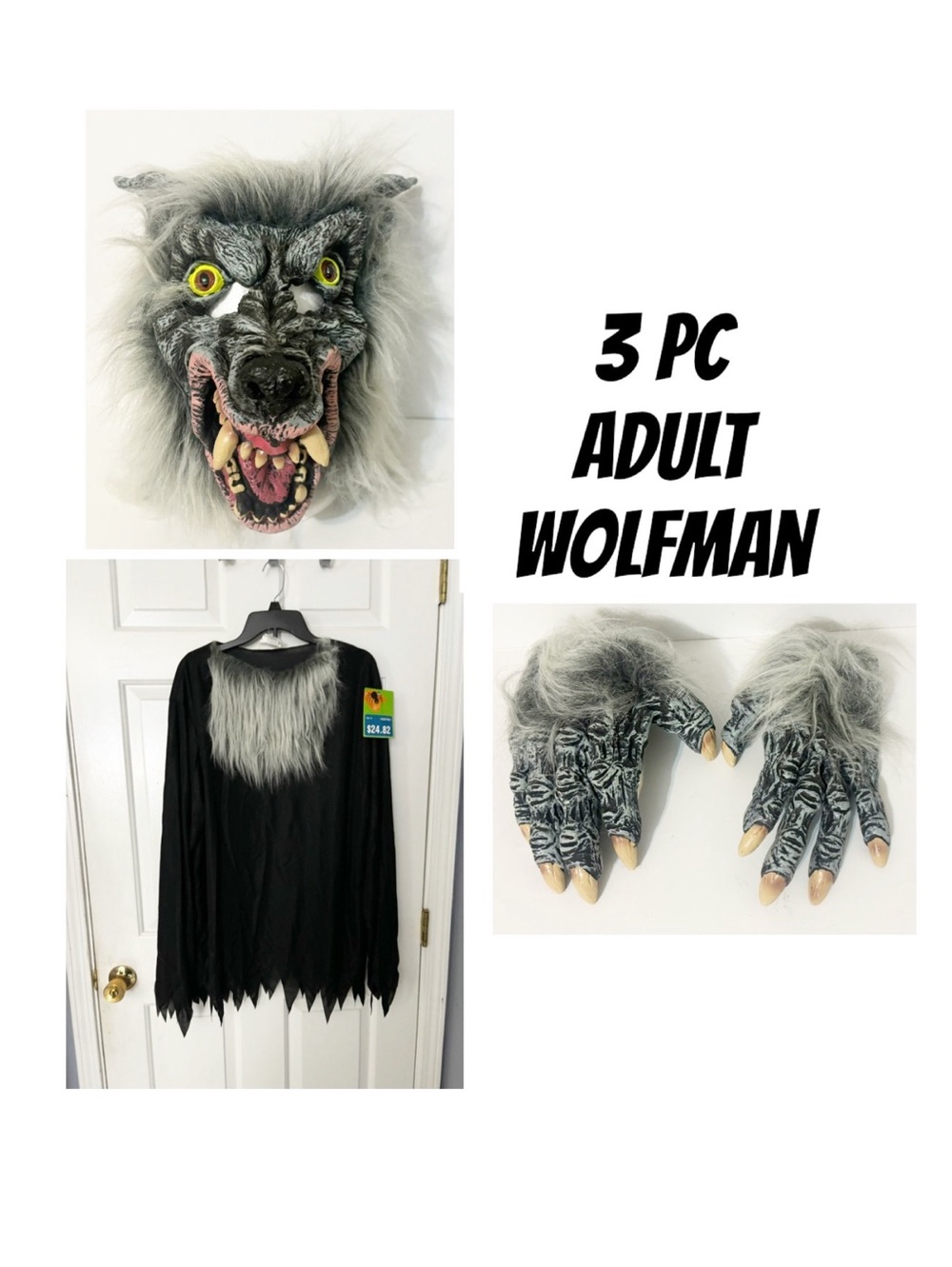 3 Pc Adult Wolfman Costume, Mask Gloves Shirt, Adult Men Sz 42-46, Black & Grey